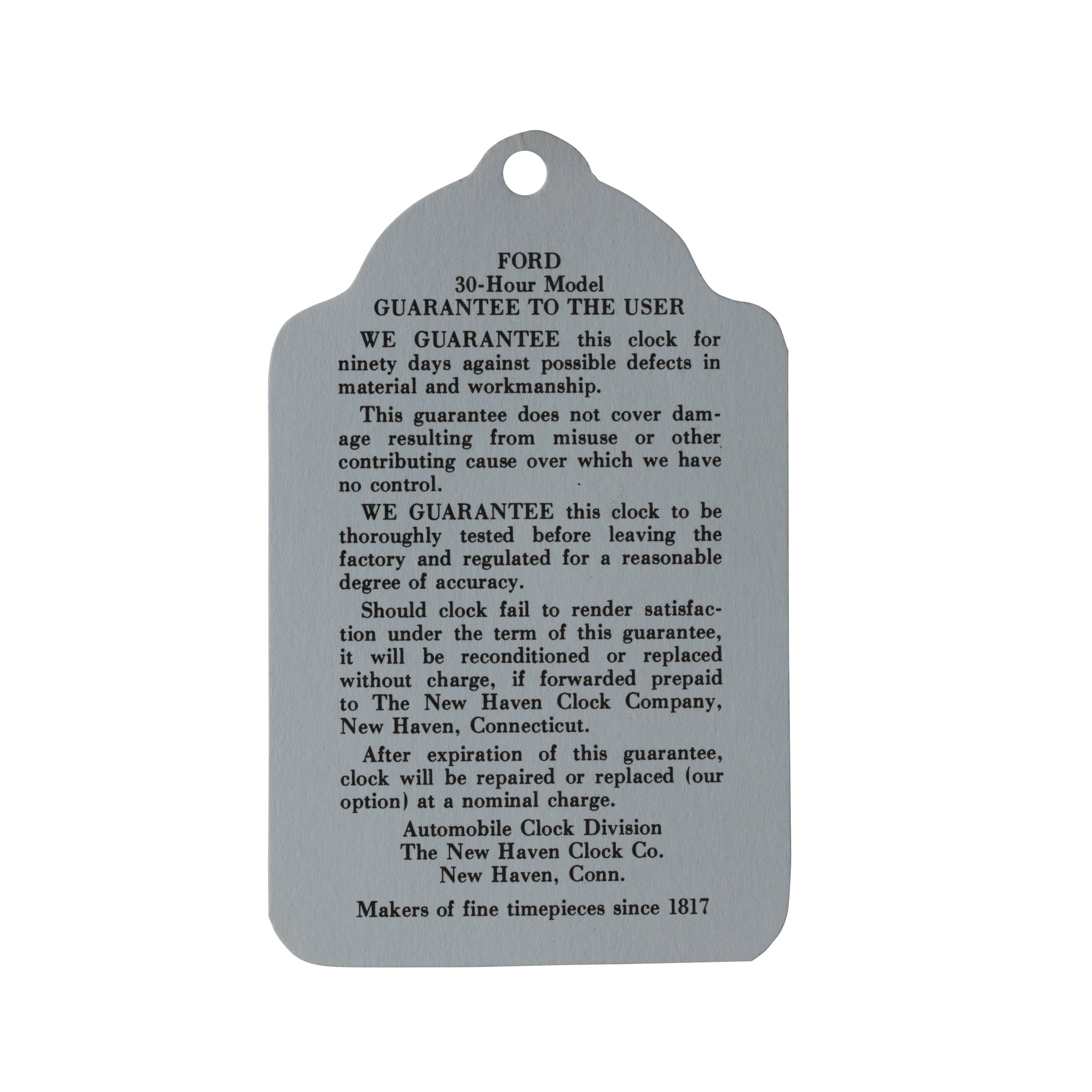 Interior Clock Warranty Tag • 1937-48 Ford