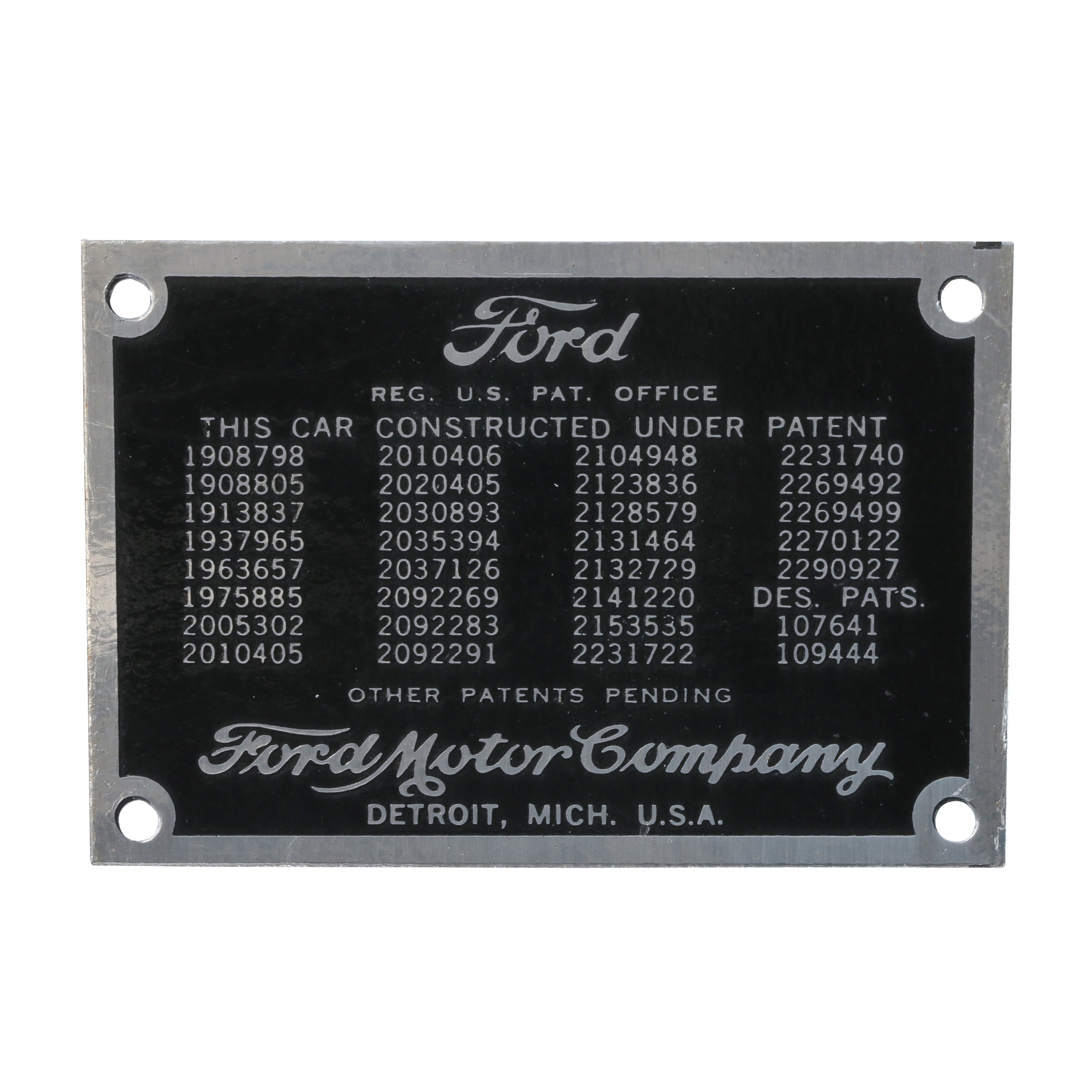 Patent Data Plate • 1937-39 Ford Passenger & Pickup
