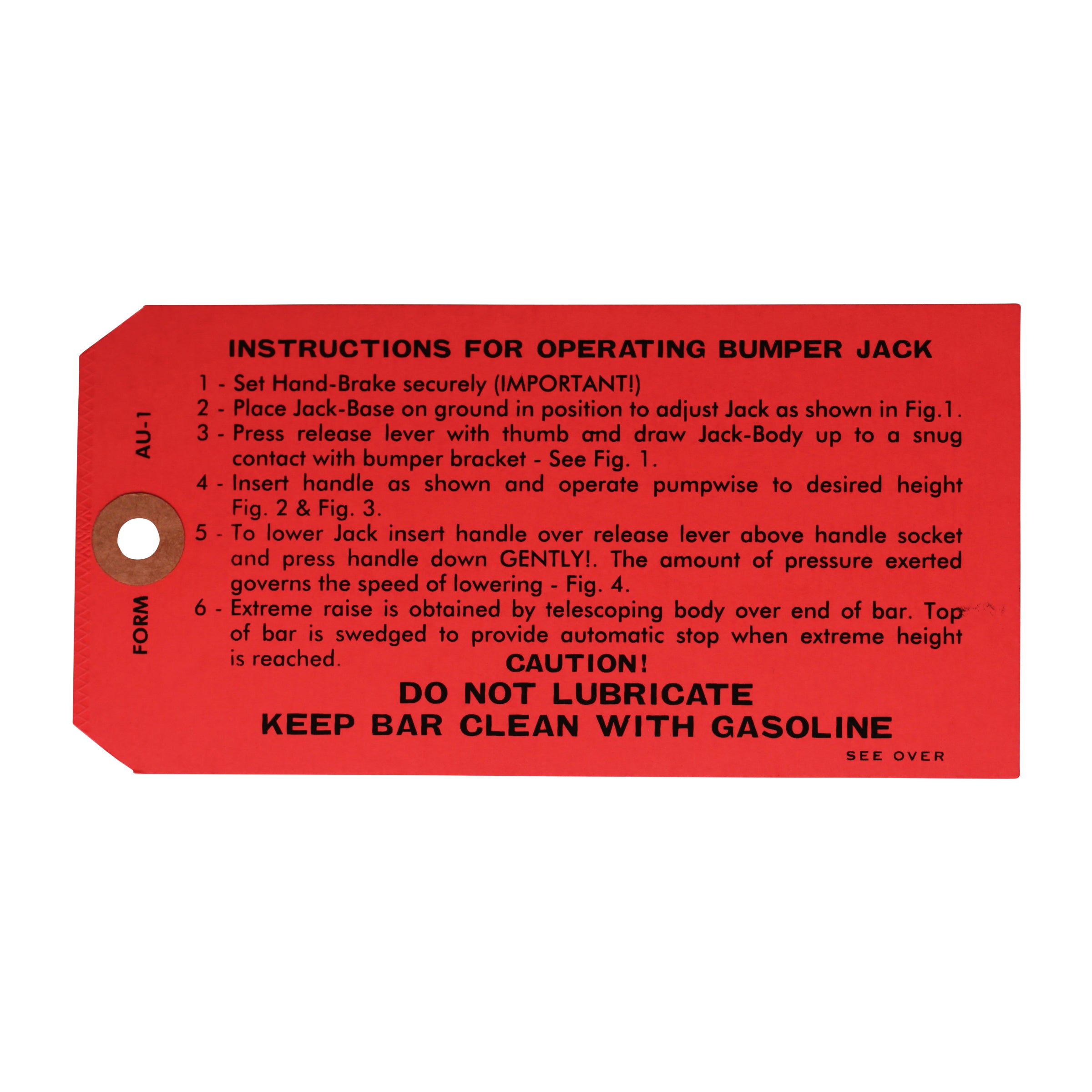 Jack Instruction Tag • 1937-38 Ford