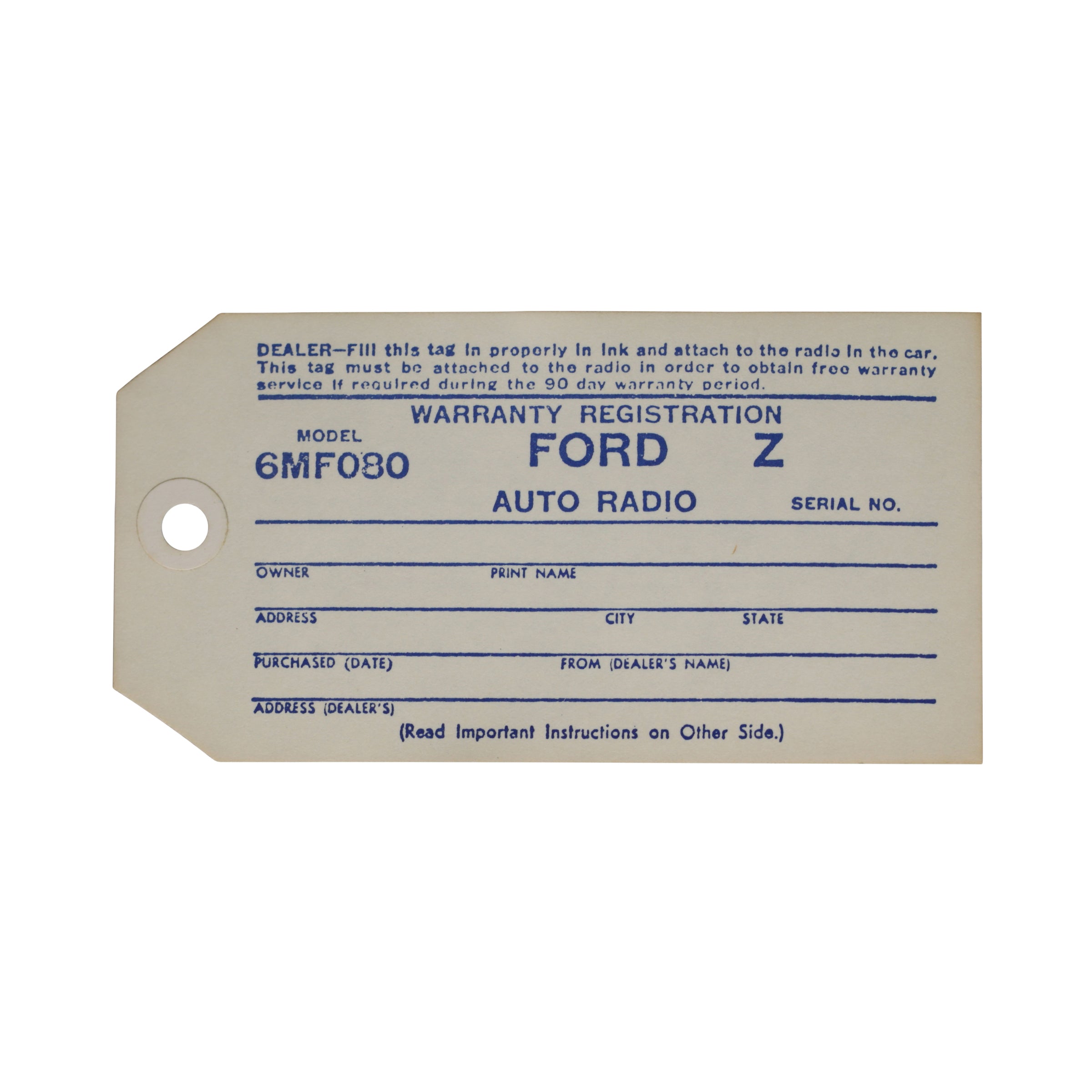 Interior Radio Warranty Tag • 1946-48 Ford